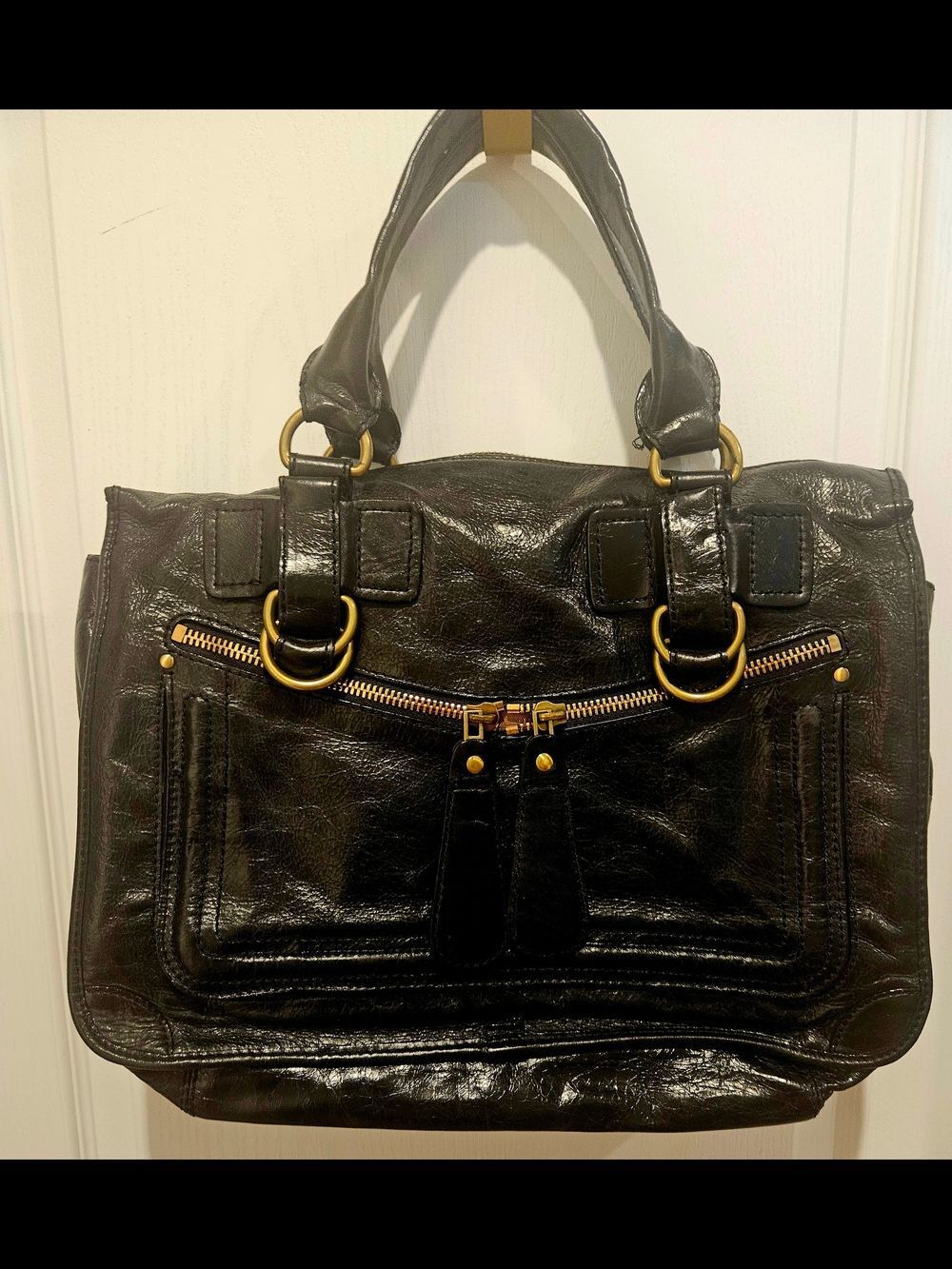 Classic Black Leather Satchel with Gold Hardware